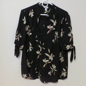 Ava & Viv Blouse Short Sleeve Black w Beige & White Flowers Size 1X Women's